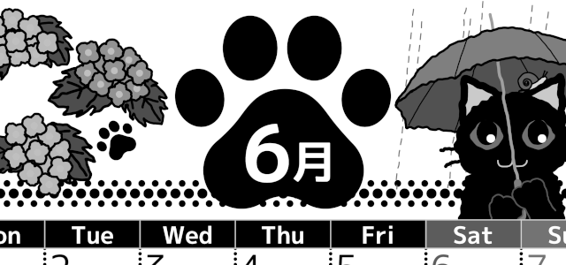 2026年6月縦型モノクロの月曜始まり 猫イラストのかわいいA4無料白黒カレンダー(2026-00520611)