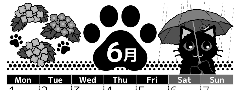 2026年6月縦型モノクロの月曜始まり 猫イラストのかわいいA4無料白黒カレンダー(2026-00520611)