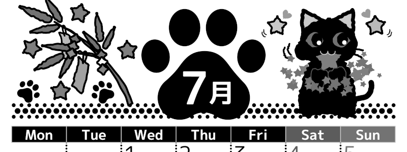 2026年7月縦型モノクロの月曜始まり 猫イラストのかわいいA4無料白黒カレンダー(2026-00520711)