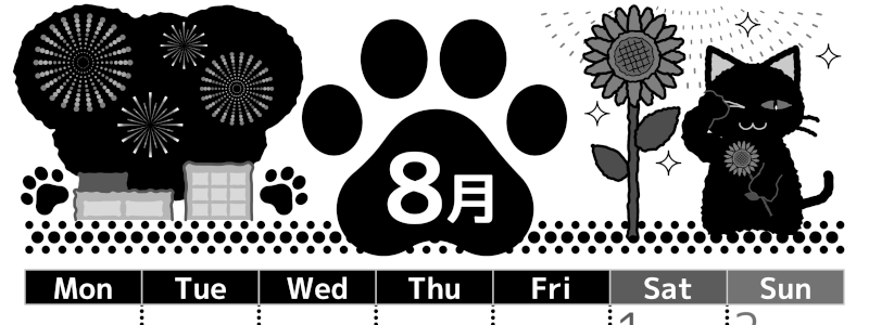 2026年8月縦型モノクロの月曜始まり 猫イラストのかわいいA4無料白黒カレンダー(2026-00520811)