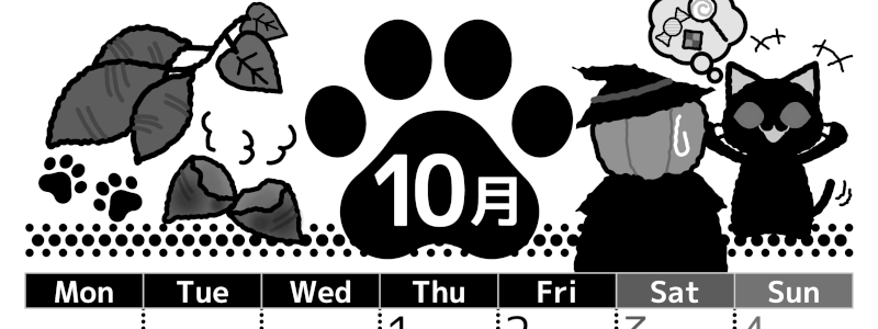 2026年10月縦型モノクロの月曜始まり 猫イラストのかわいいA4無料白黒カレンダー(2026-00521011)