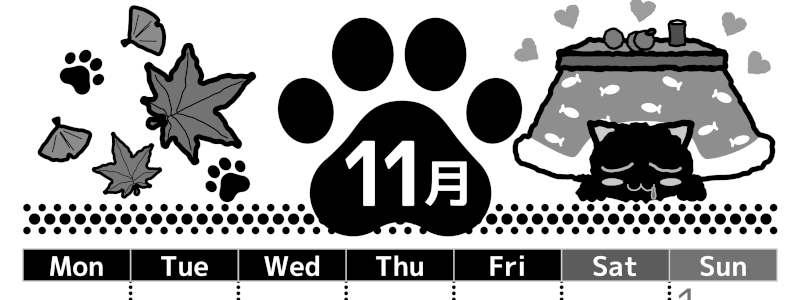 2026年11月縦型モノクロの月曜始まり 猫イラストのかわいいA4無料白黒カレンダー(2026-00521111)
