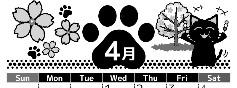 2026年4月縦型モノクロの日曜始まり 猫イラストのかわいいA4無料白黒カレンダー(2026-00520410)
