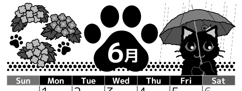 2026年6月縦型モノクロの日曜始まり 猫イラストのかわいいA4無料白黒カレンダー(2026-00520610)