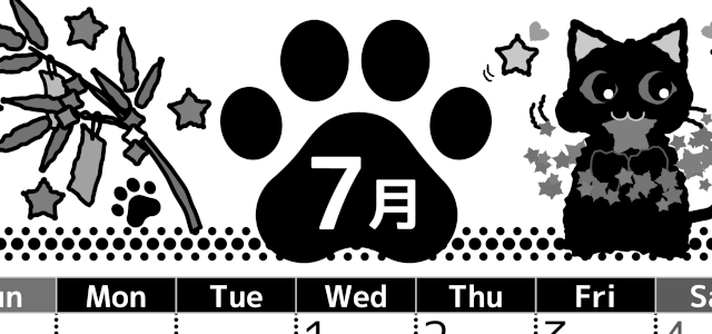 2026年7月縦型モノクロの日曜始まり 猫イラストのかわいいA4無料白黒カレンダー(2026-00520710)