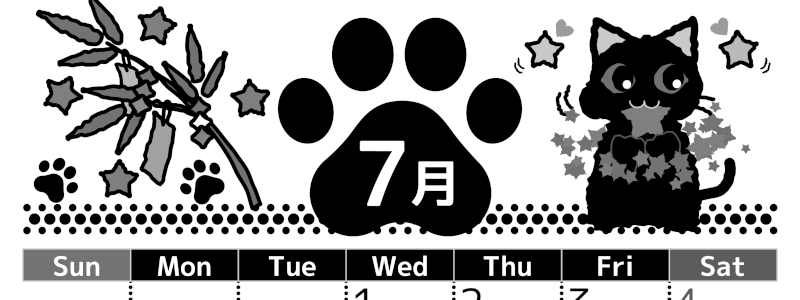 2026年7月縦型モノクロの日曜始まり 猫イラストのかわいいA4無料白黒カレンダー(2026-00520710)