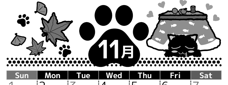 2026年11月縦型モノクロの日曜始まり 猫イラストのかわいいA4無料白黒カレンダー(2026-00521110)