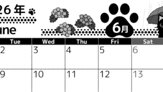 2026年6月横型モノクロの月曜始まり 猫イラストのかわいいA4無料白黒カレンダー(2026-00520601)