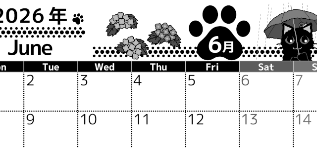2026年6月横型モノクロの月曜始まり 猫イラストのかわいいA4無料白黒カレンダー(2026-00520601)