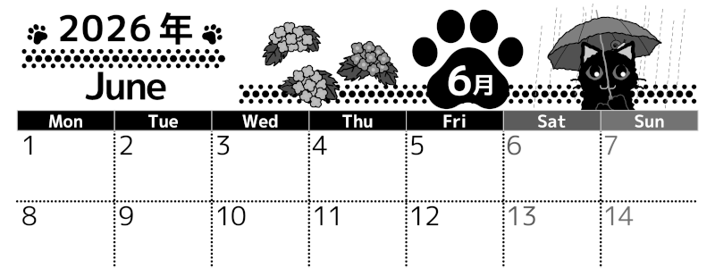 2026年6月横型モノクロの月曜始まり 猫イラストのかわいいA4無料白黒カレンダー(2026-00520601)