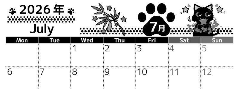 2026年7月横型モノクロの月曜始まり 猫イラストのかわいいA4無料白黒カレンダー(2026-00520701)