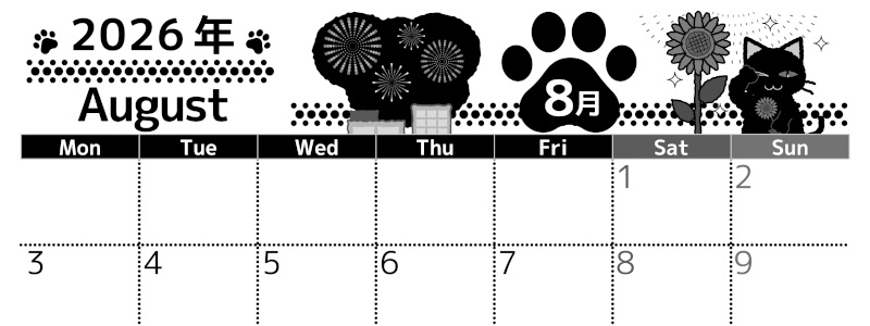 2026年8月横型モノクロの月曜始まり 猫イラストのかわいいA4無料白黒カレンダー(2026-00520801)