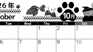 2026年10月横型モノクロの月曜始まり 猫イラストのかわいいA4無料白黒カレンダー(2026-00521001)