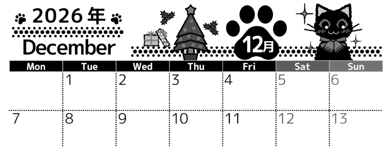 2026年12月横型モノクロの月曜始まり 猫イラストのかわいいA4無料白黒カレンダー(2026-00521201)