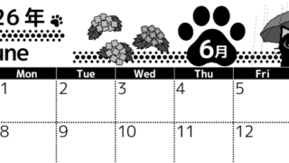 2026年6月横型モノクロの日曜始まり 猫イラストのかわいいA4無料白黒カレンダー(2026-00520600)