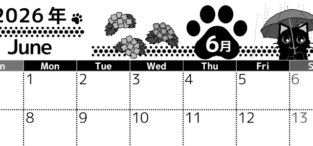 2026年6月横型モノクロの日曜始まり 猫イラストのかわいいA4無料白黒カレンダー(2026-00520600)