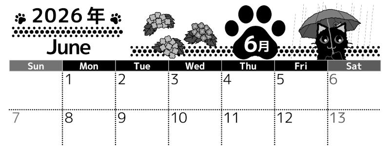 2026年6月横型モノクロの日曜始まり 猫イラストのかわいいA4無料白黒カレンダー(2026-00520600)