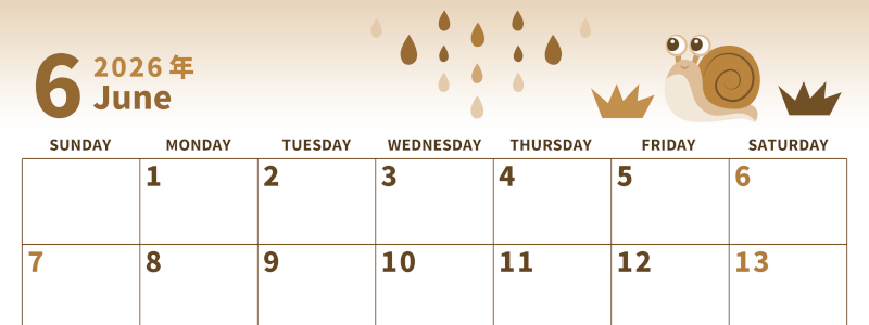 2026年6月横型レトロな日曜始まり 梅雨イラストのかわいいA4無料セピア調カレンダー(2026-00530600)