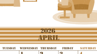 2026年4月縦型レトロな月曜始まり 新生活イラストのかわいいA4無料セピア調カレンダー(2026-00550411)