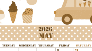 2026年5月縦型レトロな月曜始まり アイスクリームのイラストがかわいいA4無料セピア調カレンダー(2026-00550511)