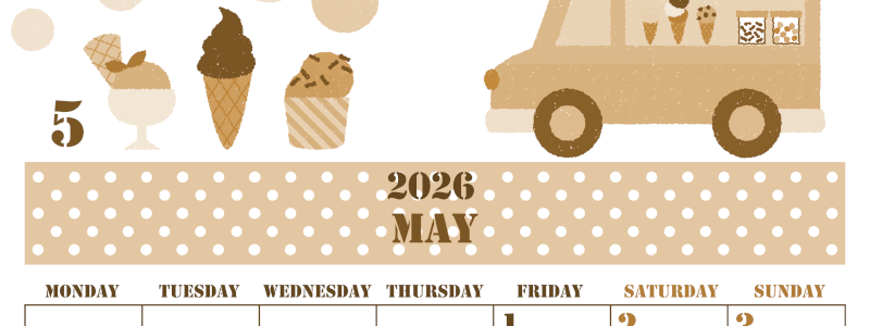 2026年5月縦型レトロな月曜始まり アイスクリームのイラストがかわいいA4無料セピア調カレンダー(2026-00550511)