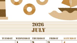 2026年7月縦型レトロな月曜始まり マリンなイラストのかわいいA4無料セピア調カレンダー(2026-00550711)