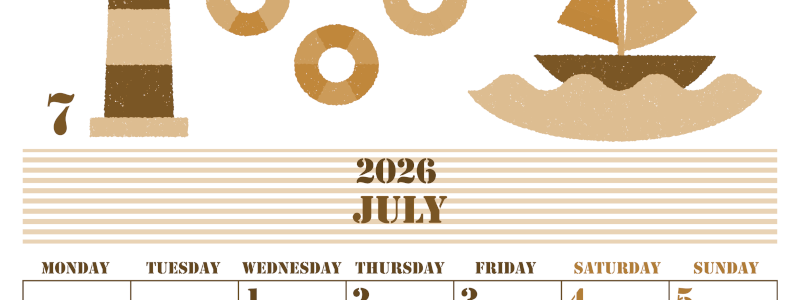 2026年7月縦型レトロな月曜始まり マリンなイラストのかわいいA4無料セピア調カレンダー(2026-00550711)