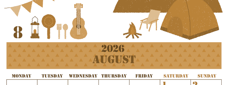 2026年8月縦型レトロな月曜始まり 夏休みイラストのかわいいA4無料セピア調カレンダー(2026-00550811)