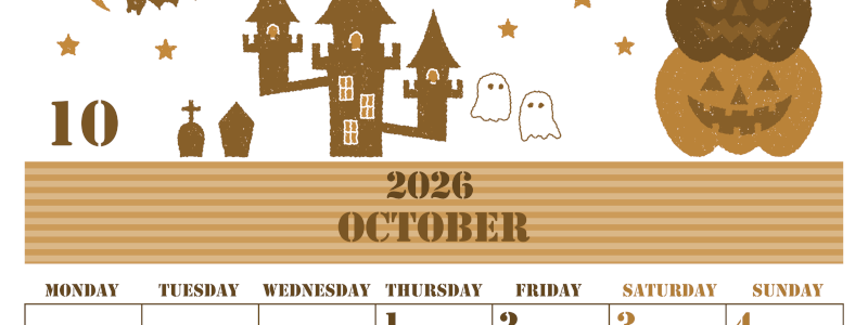 2026年10月縦型レトロな月曜始まり ハロウィンイラストがかわいいA4無料セピア調カレンダー(2026-00551011)