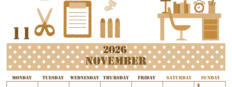 2026年11月縦型レトロな月曜始まり 文房具イラストのかわいいA4無料セピア調カレンダー(2026-00551111)