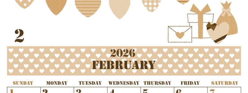 2026年2月縦型レトロな日曜始まり ラブレターイラストのかわいいA4無料セピア調カレンダー(2026-00550210)