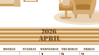 2026年4月縦型レトロな日曜始まり 新生活イラストのかわいいA4無料セピア調カレンダー(2026-00550410)