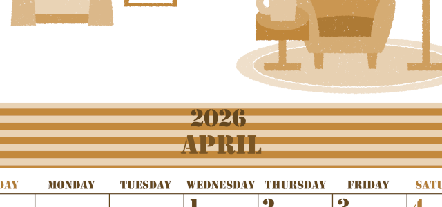 2026年4月縦型レトロな日曜始まり 新生活イラストのかわいいA4無料セピア調カレンダー(2026-00550410)