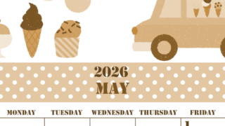 2026年5月縦型レトロな日曜始まり アイスクリームのイラストがかわいいA4無料セピア調カレンダー(2026-00550510)