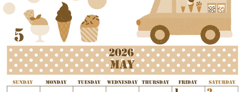 2026年5月縦型レトロな日曜始まり アイスクリームのイラストがかわいいA4無料セピア調カレンダー(2026-00550510)