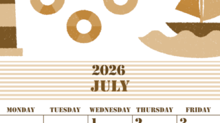 2026年7月縦型レトロな日曜始まり マリンなイラストのかわいいA4無料セピア調カレンダー(2026-00550710)
