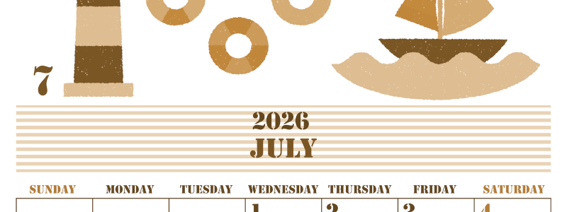 2026年7月縦型レトロな日曜始まり マリンなイラストのかわいいA4無料セピア調カレンダー(2026-00550710)