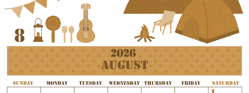 2026年8月縦型レトロな日曜始まり 夏休みイラストのかわいいA4無料セピア調カレンダー(2026-00550810)