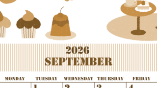 2026年9月縦型レトロな日曜始まり 食欲の秋イラストのかわいいA4無料セピア調カレンダー(2026-00550910)