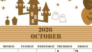 2026年10月縦型レトロな日曜始まり ハロウィンイラストがかわいいA4無料セピア調カレンダー(2026-00551010)