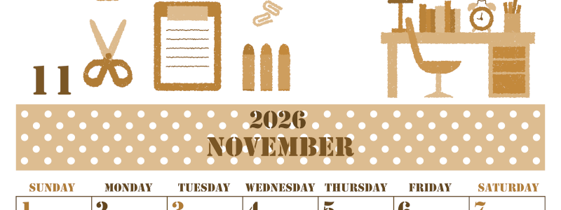 2026年11月縦型レトロな日曜始まり 文房具イラストのかわいいA4無料セピア調カレンダー(2026-00551110)