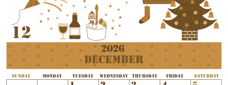 2026年12月縦型レトロな日曜始まり パーティーのイラストがかわいいA4無料セピア調カレンダー(2026-00551210)