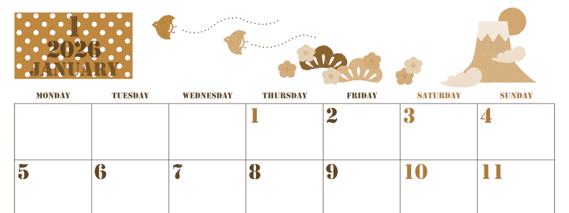 2026年1月横型レトロな月曜始まり 和風な富士山イラストのかわいいA4無料セピア調カレンダー(2026-00550101)