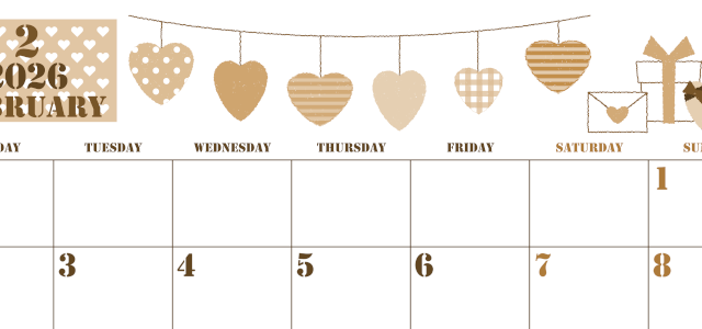 2026年2月横型レトロな月曜始まり ラブレターイラストのかわいいA4無料セピア調カレンダー(2026-00550201)