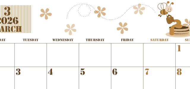 2026年3月横型レトロな月曜始まり パンケーキイラストのかわいいA4無料セピア調カレンダー(2026-00550301)