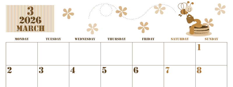 2026年3月横型レトロな月曜始まり パンケーキイラストのかわいいA4無料セピア調カレンダー(2026-00550301)