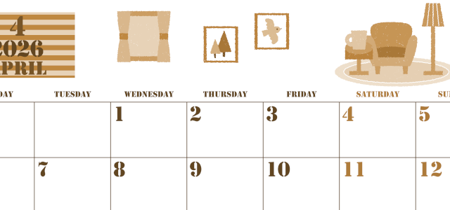 2026年4月横型レトロな月曜始まり 新生活イラストのかわいいA4無料セピア調カレンダー(2026-00550401)