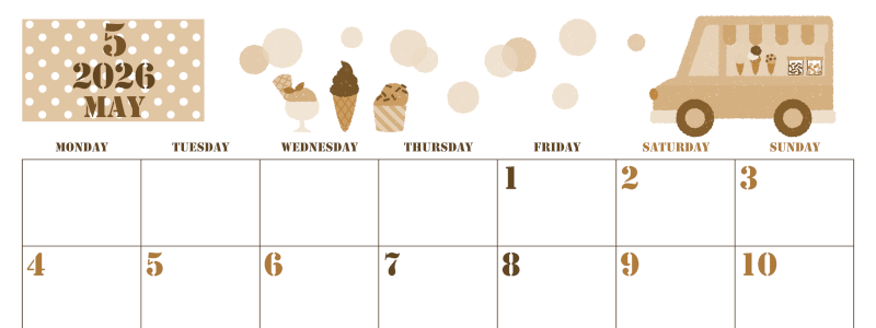 2026年5月横型レトロな月曜始まり アイスクリームのイラストがかわいいA4無料セピア調カレンダー(2026-00550501)