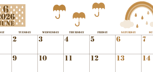 2026年6月横型レトロな月曜始まり 虹イラストのかわいいA4無料セピア調カレンダー(2026-00550601)