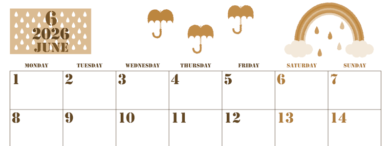 2026年6月横型レトロな月曜始まり 虹イラストのかわいいA4無料セピア調カレンダー(2026-00550601)